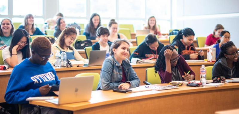 Students with laptops in a classroom learning